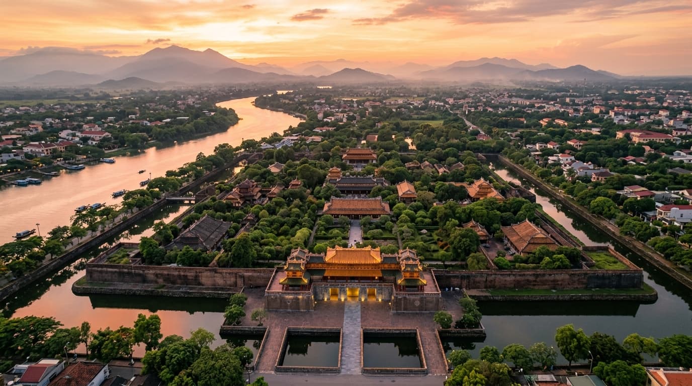 Aerial view of Hue Imperial Citadel and the Perfume River at golden hour