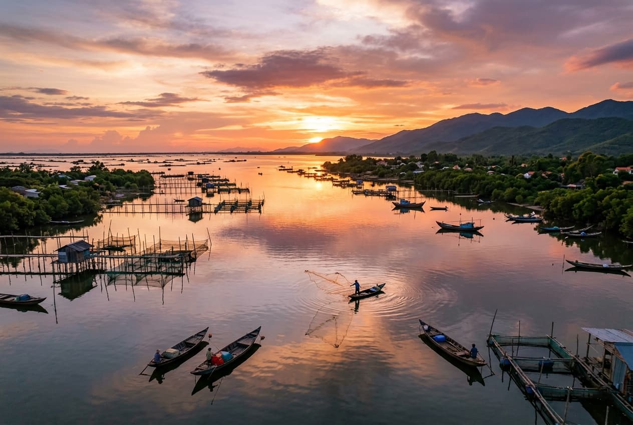 Tam Giang Lagoon at sunset with fishing boats and fish farms