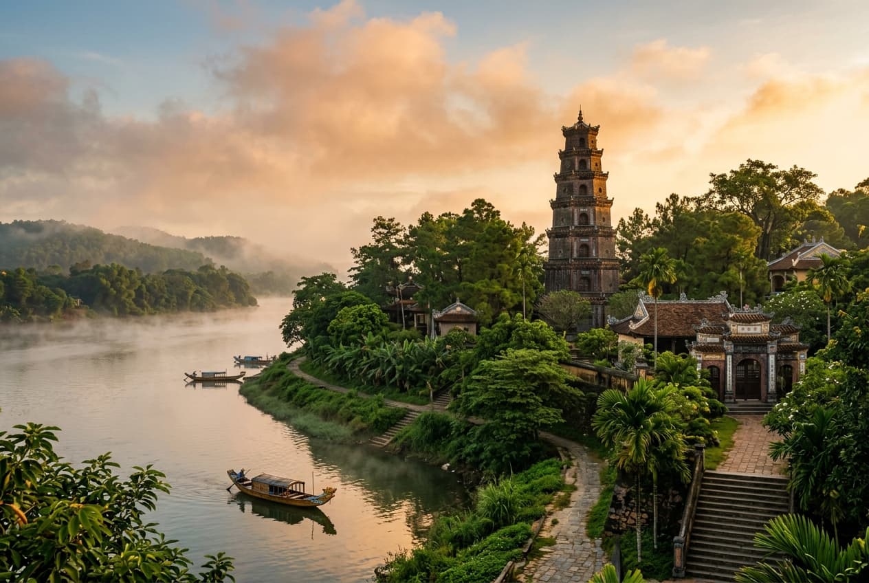 Thien Mu Pagoda and Phuoc Duyen Tower on the Perfume River at sunrise
